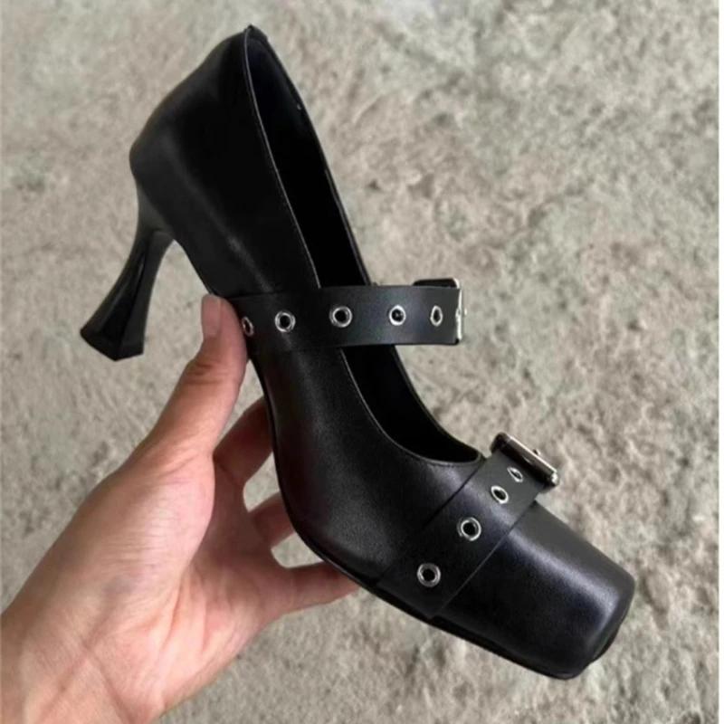 2025 New Black 7cm High Heels Sandals Metal Buckle Rivets Ballet Shoes Spicy Girl Square Toe Shoes PU Autumn Women's Shoes 35-39