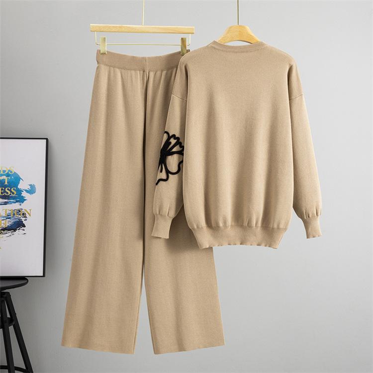 2pcs Knit Pants Suits Women's  Loose Plus Size Embroidery Sweater Knit Wide-Leg Pants Two-Piece Set Knit Outfits Autumn Winter