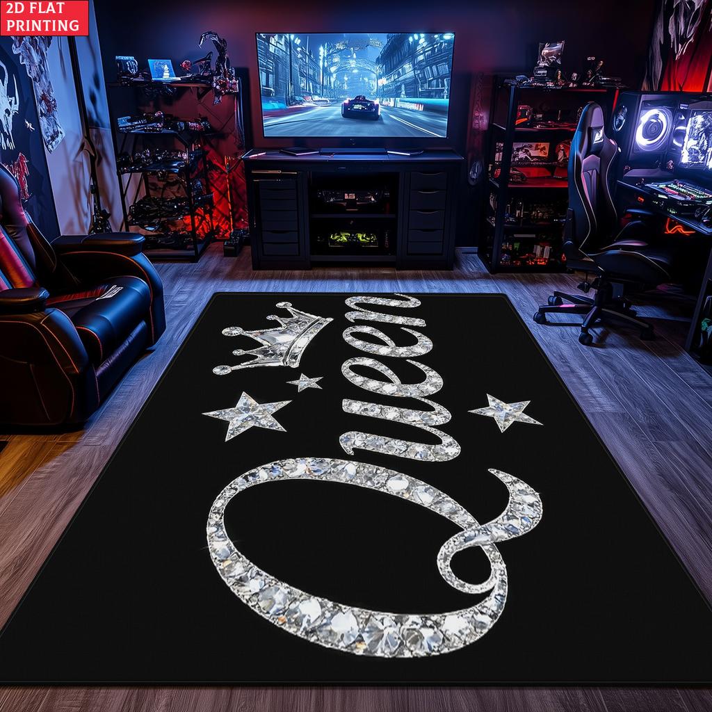Luxury Queen Crown Mat Rug Black Floor Decor Home Office Vanity Area Accent Mat Royal Glam Gift Mat Waterproof Durable Vanity Ru