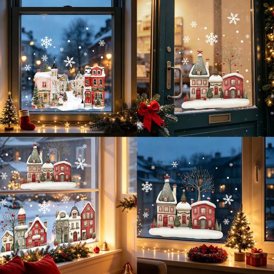Weihnachts-Fenstersticker Statische Aufkleber, Verschneite Stadthäuser Schneeflocken Glasaufkleber, Wiederverwendbare Klebefreie Adsorption Weihnachten Aufkleber, Feiertagsdekoration für