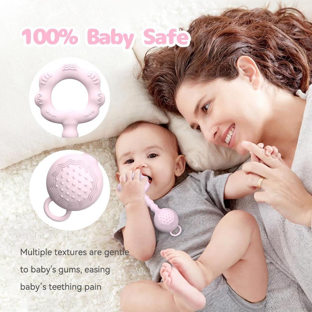 Zeguer 2-in-1 Baby Teether Toy, Soothes Gum Pain, Rattle Sound, Food-Grade Silicone, BPA-Free, Pink