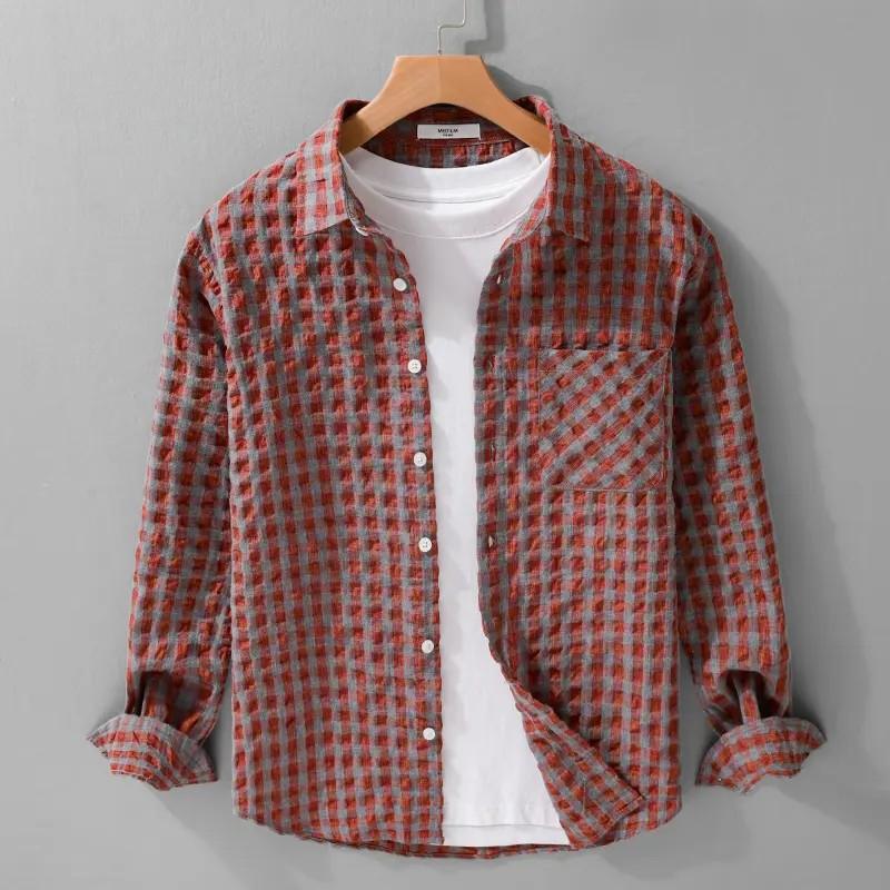 Men s Textured Checkered Patch Pocket Long Sleeve Button Down Shirt Casual Streetwear Top S красный