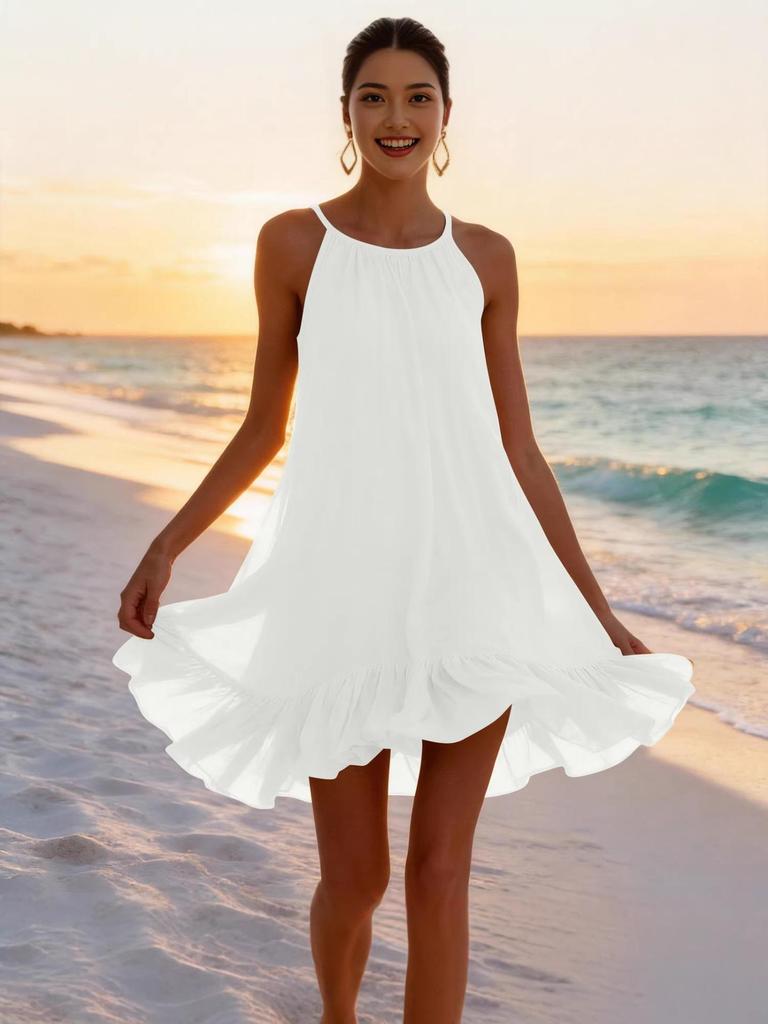 Spring Summer Sleeveless Pleated Halter Vacation Dress for Women