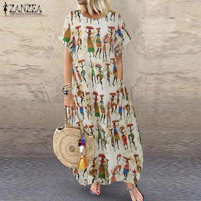 Bohemia Ladies Summer Short Sleeve Floral Print Tunic Sundress Baggy Casual Loose Ethnic Long Dress