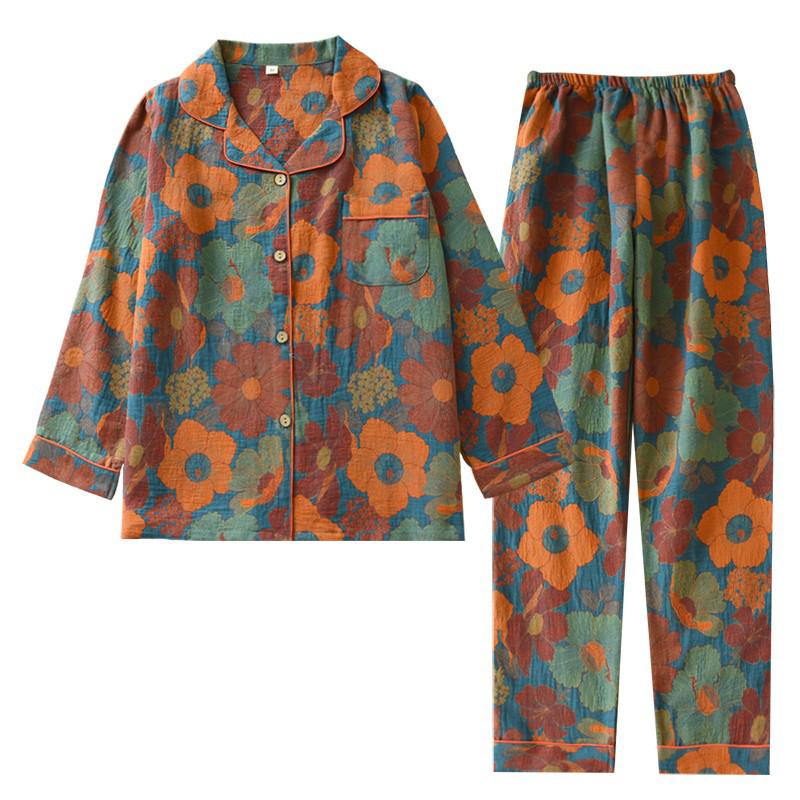 Damen-Pyjama im Muji-Stil aus garngefärbter Baumwolle-Jacquard - Langarm-Cardigan-Set für Frühling und Sommer