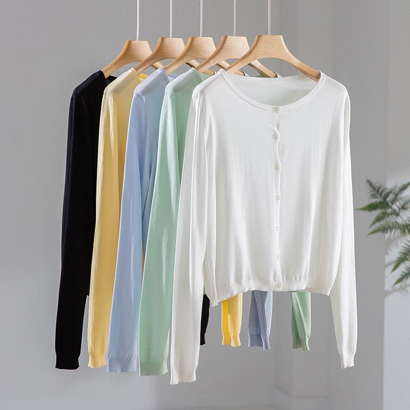 Single-breasted knitted cardigan women's summer new Tencel sunscreen lazy casual round neck long-sleeved top jacket