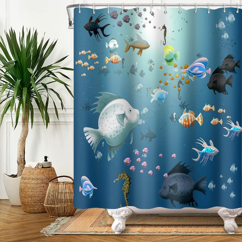Marine Animal Tropical Fish Seahorse Shower Curtain Blue Ocean Children'S Bathtub Shower Curtain Polyester Fabric With Hook