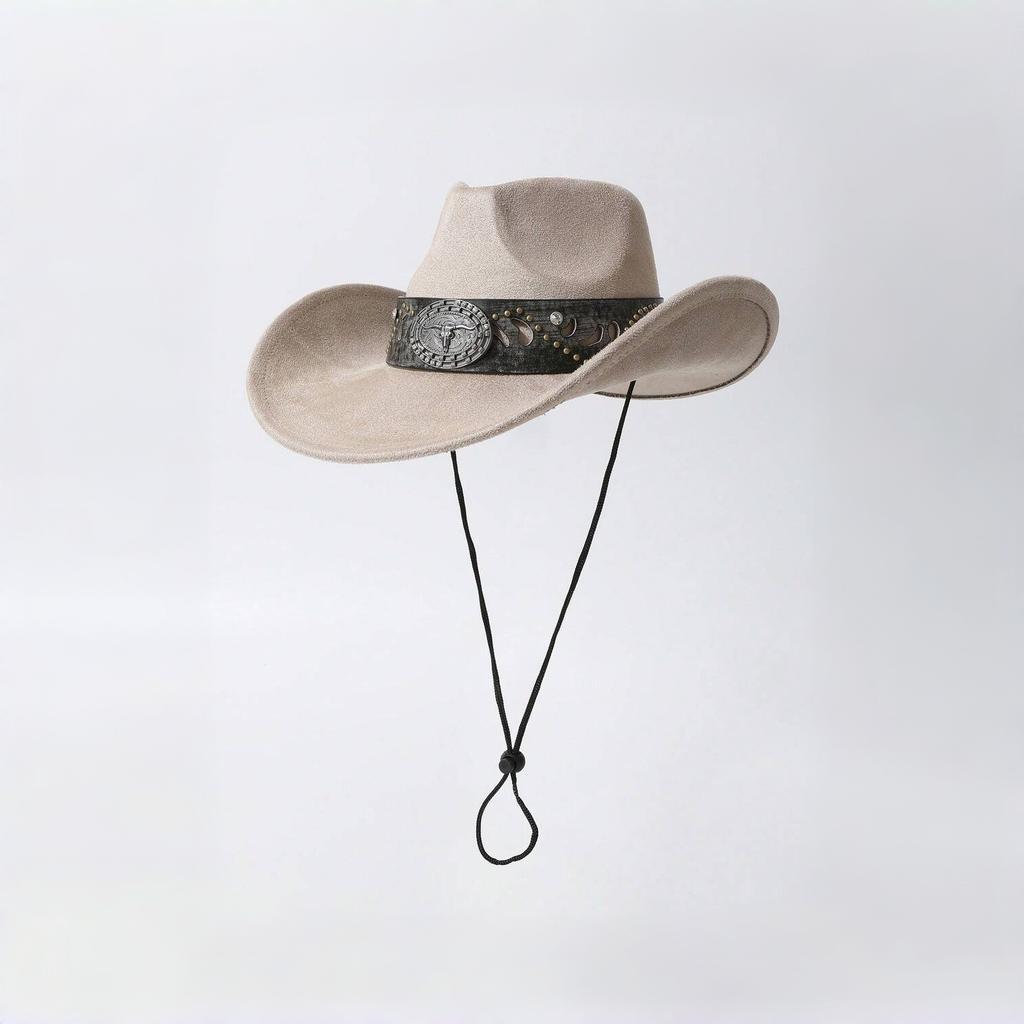 Western cowboy hat for men and women, faux suede, distressed with metal rivets, wide brim, outdoor riding sun protection hat