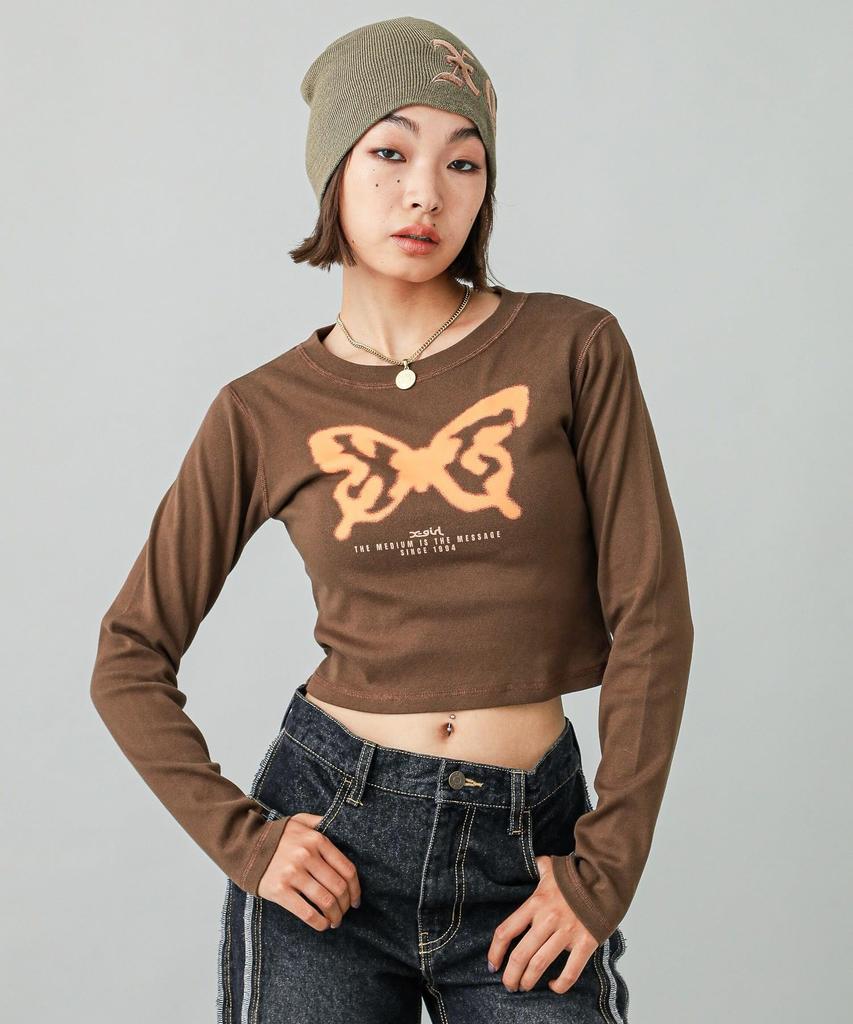 Casual SPRAY BUTTERFLY PRINT BABY TEE BROWN X-girl L/S