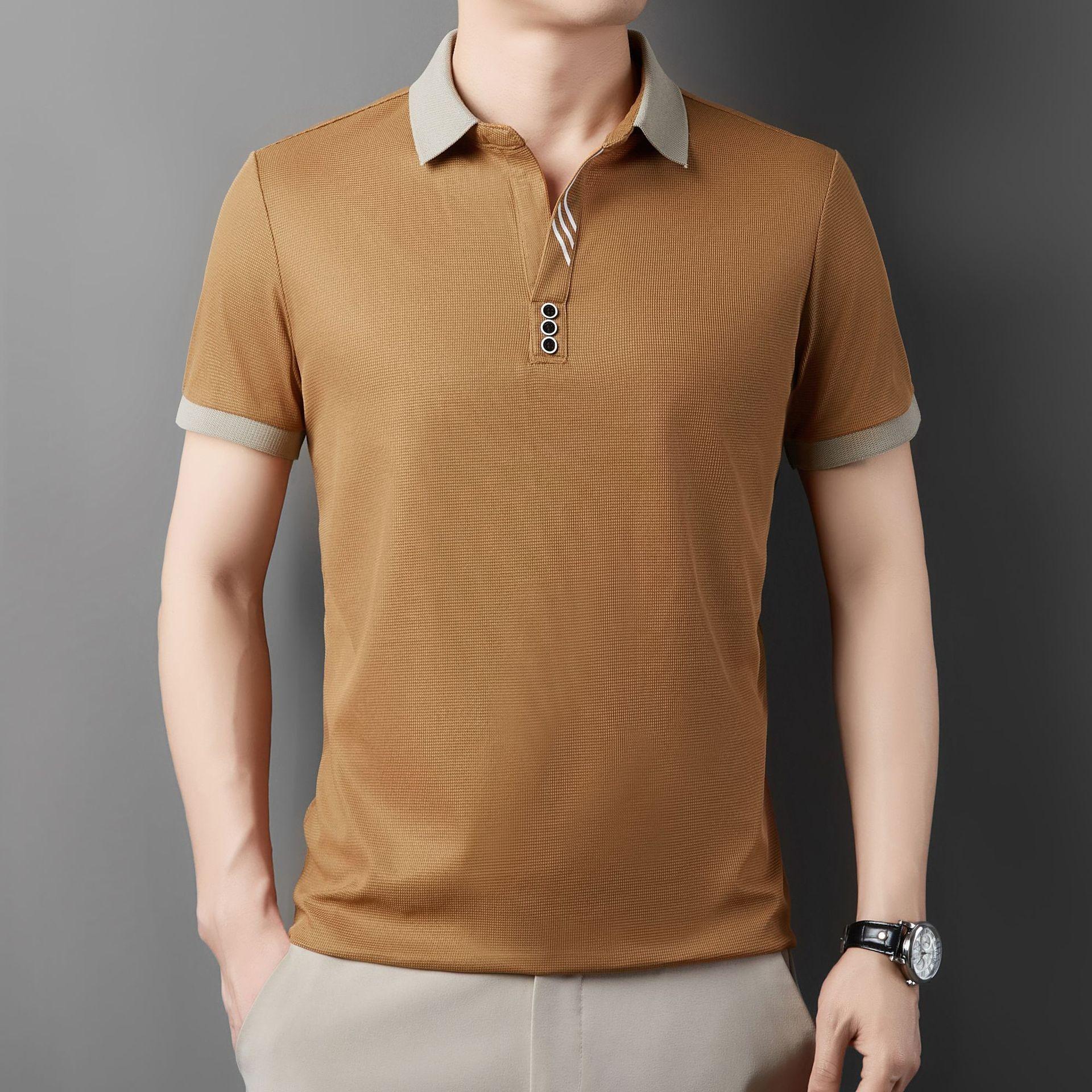 

Летняя мужская рубашка поло, жаккардовая футболка с воротником-лацканами, цветные блоки, повседневные футболки с коротким рукавом, дышащие мужские топы на пуговицах XXXXL жёлтый