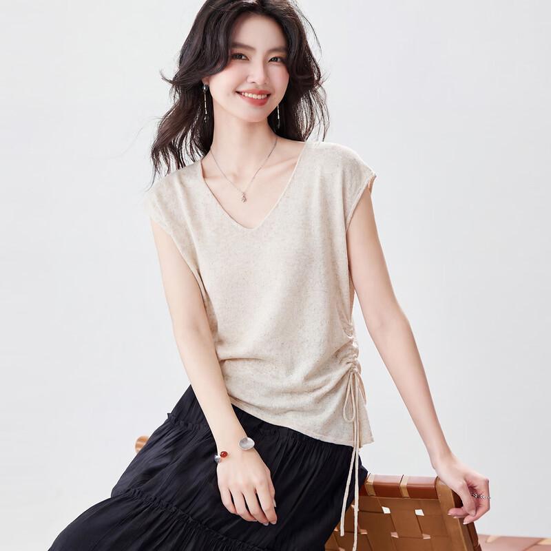 Women s Thin Knit V-Neck Short Sleeve Top L бежевый