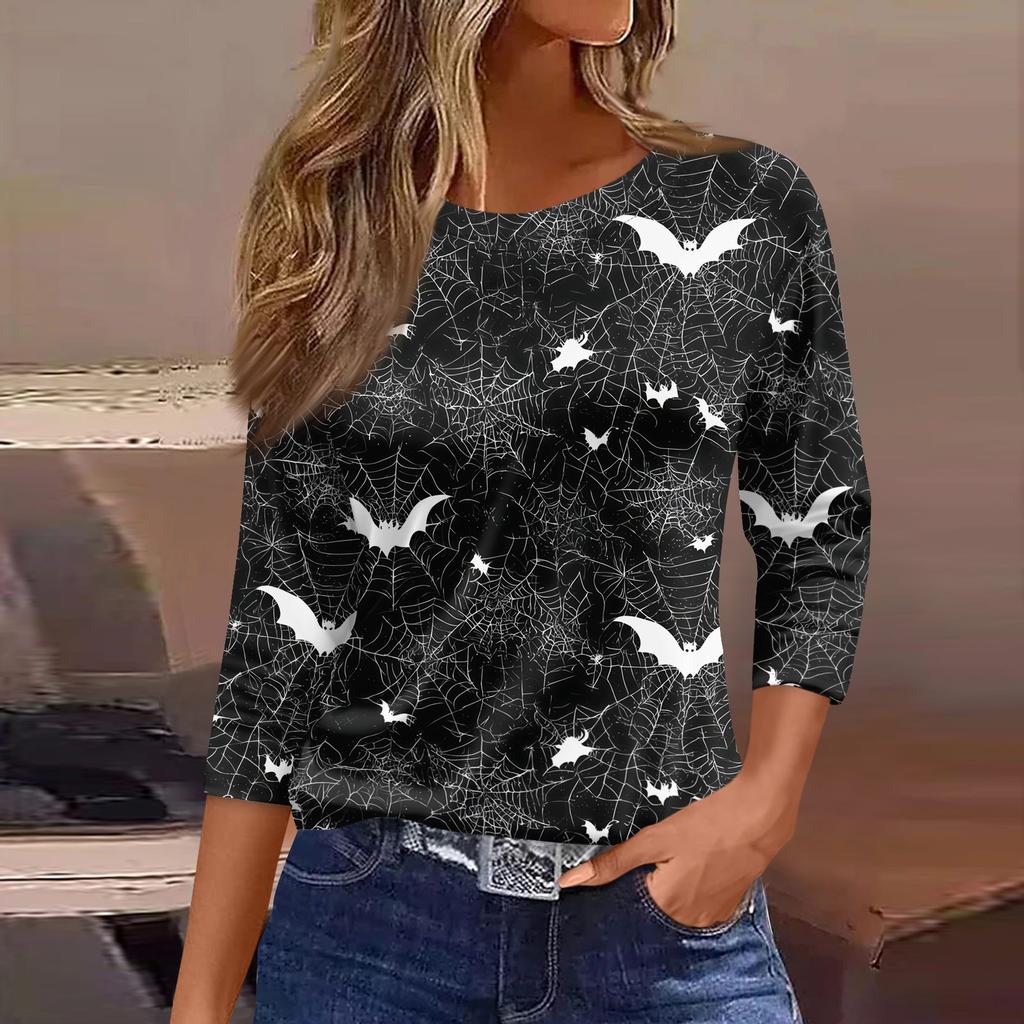 Womens Casual Loose Fit Halloween Print T Shirt Round Neck Three Quarter Sleeve Blouse Comfortable Everyday Wear