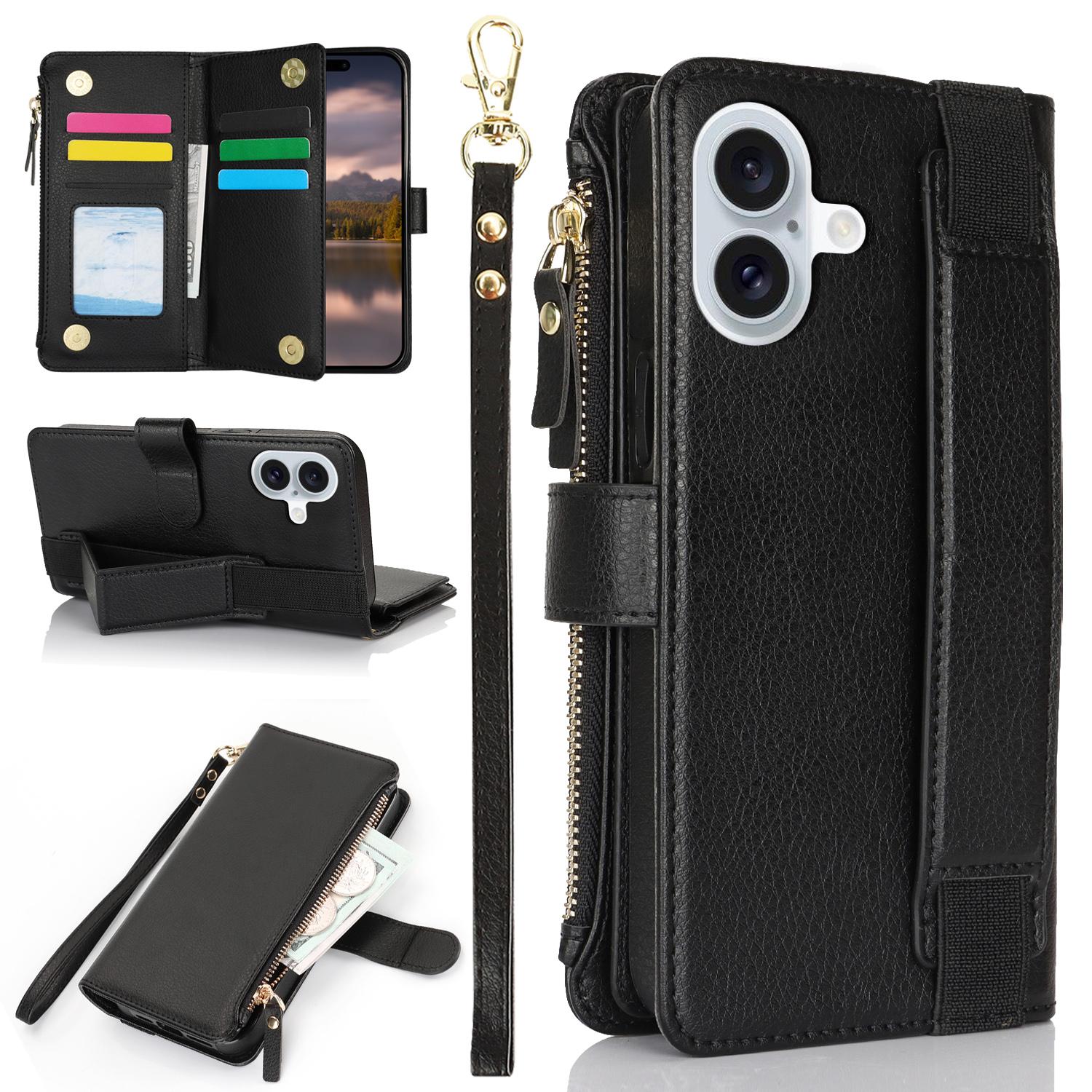 

XL-001 For iPhone 16 Case Zipper Pocket Wristband Stand Leather Phone Cover