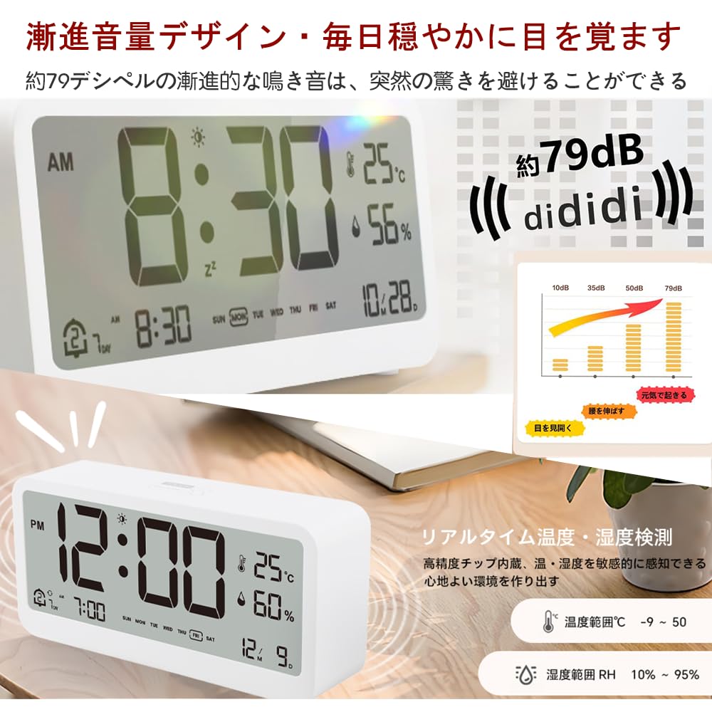 Alarm Clock, Table Clock, Dry-type, Multifunctional Digital Clock with Temperature and Humidity Gauge, Calendar, Date and Day Display, for