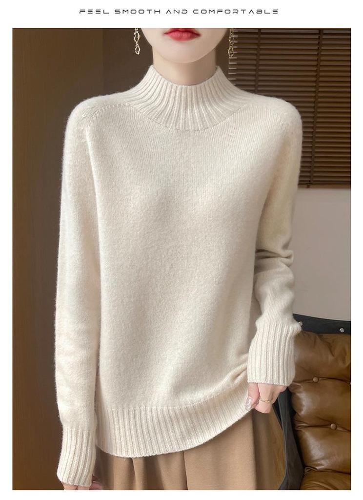 Women's Pure Wool Half-High Collar Loose Knit Sweater - Thickened Autumn/Winter Base Layer Pullover
