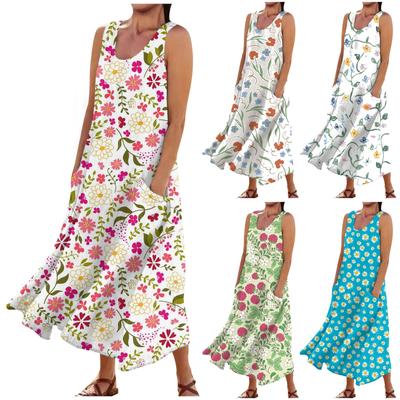Lässiges, bequemes, ärmelloses Baumwolltaschenkleid mit Blumendruck für Damen