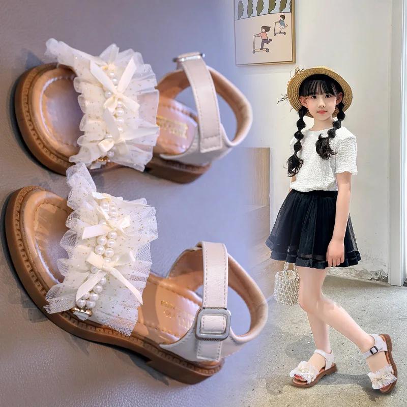 Fashion 2025 Summer New Girls' Sandals Light Luxury Wind Net Gauze Pearl Soft Soled Princess Shoes Little Girls Fashion Beach Shoes