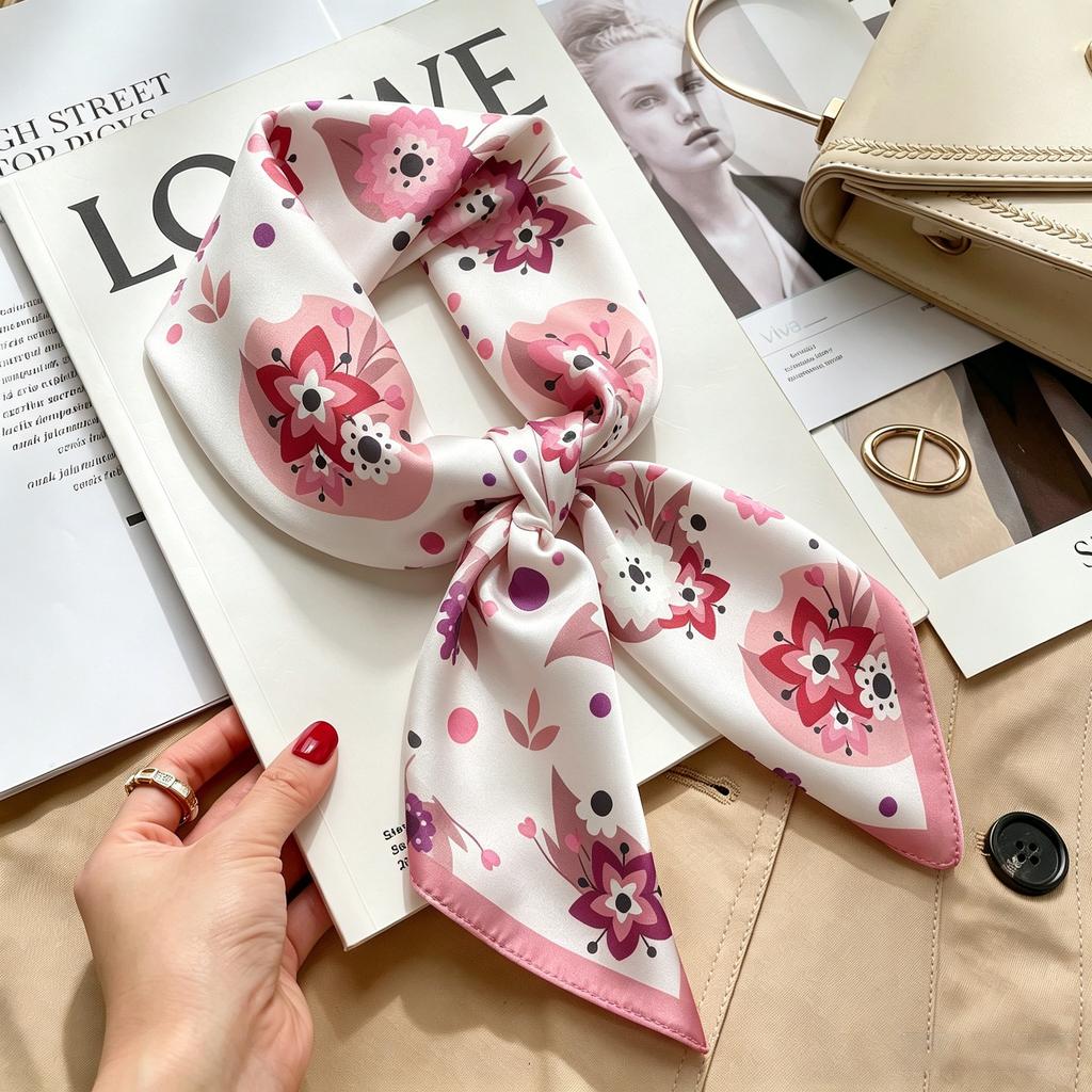 Commuter elegant flower silk scarf women's contrasting color retro printing satin scarf shirt with multi-purpose decorative small scarf