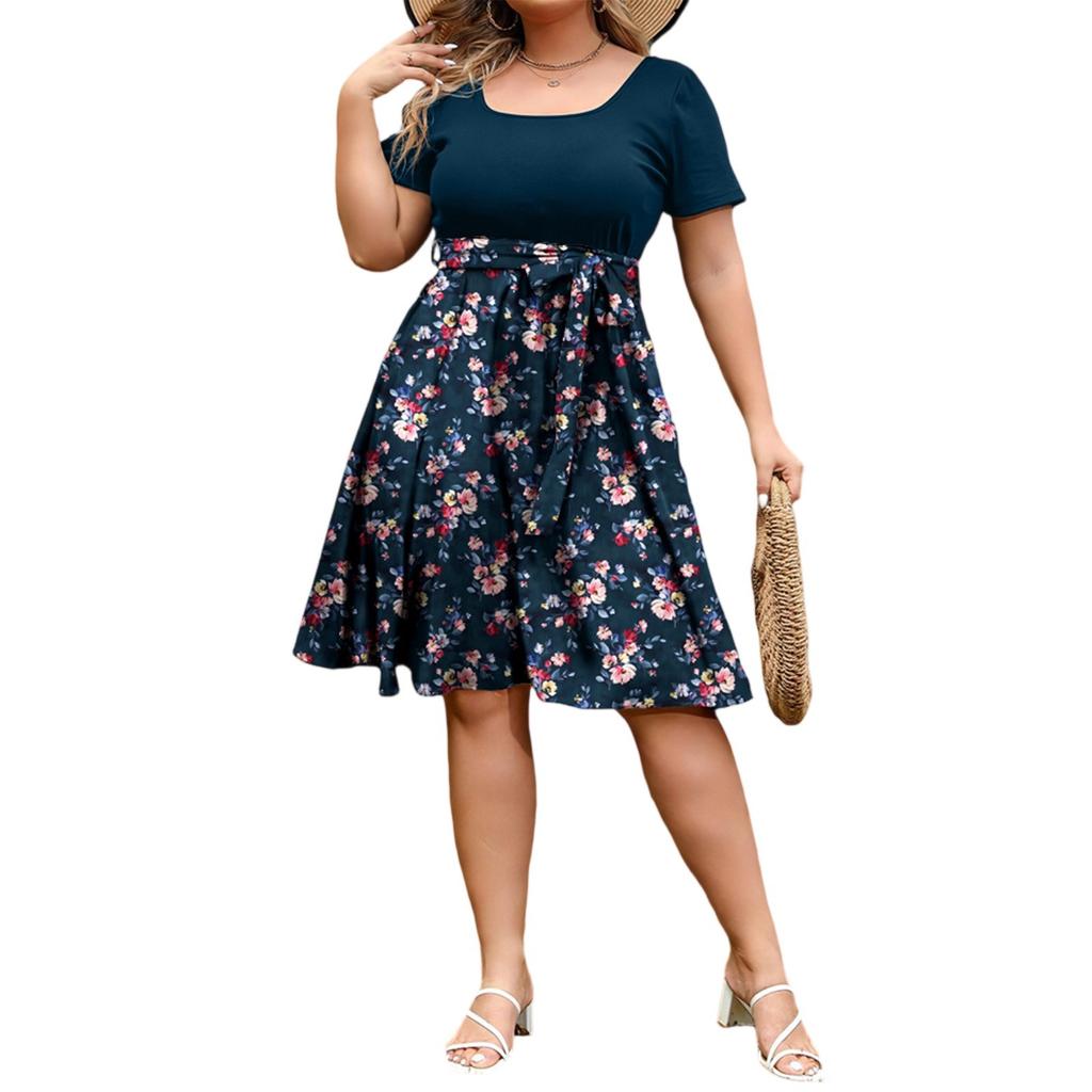 Damska Modna i Trendy Sukienka z Krótkim Rękawem i Okrągłym Dekoltem z Nadrukiem w Talii w Dużym Rozmiarze