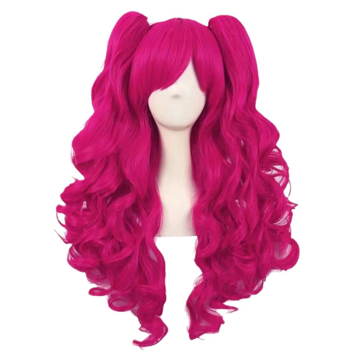 Anime Style Cos Wig, Rose Red Long Curly Double Ponytail With Jaw Clip