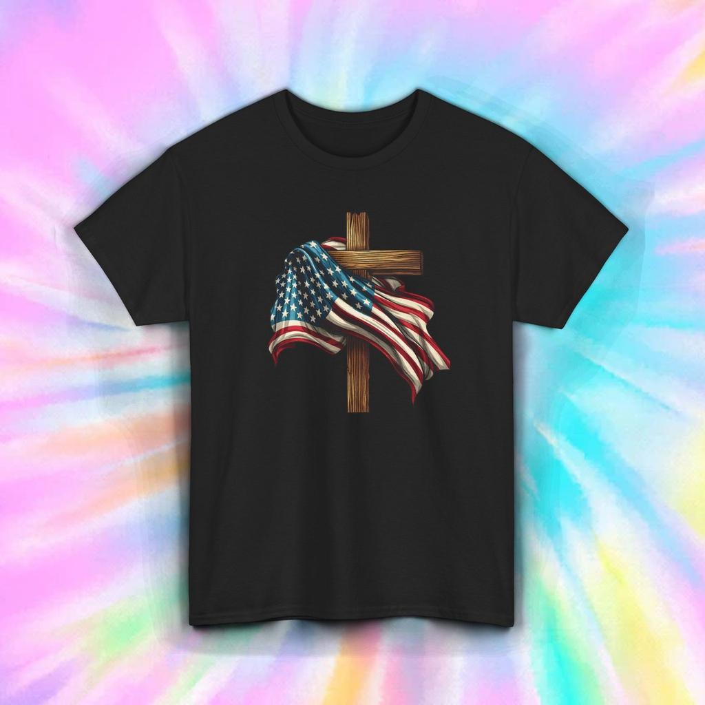 Patriotic Christian Cross Shirt | USA Flag Faith Freedom God Bless Tee S-4xl