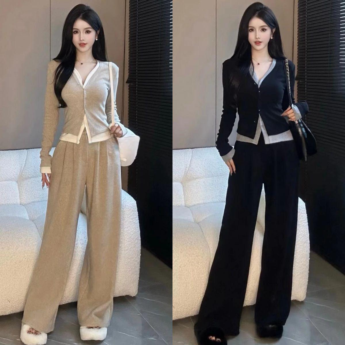 

2024 Spring & Fall Fashion: V-Neck Two-in-One Top with Slimming Wide-Leg Pants Set M