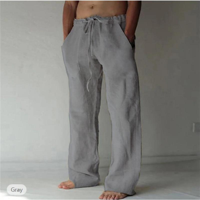 Mens Casual Drawstring Linen Wide Leg Pants With Pockets