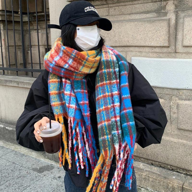 Korean Version of Autumn and Winter Rainbow Plaid Imitation Cashmere Scarf for Female Students Couple Mohair Warm Scarf Long Shawl