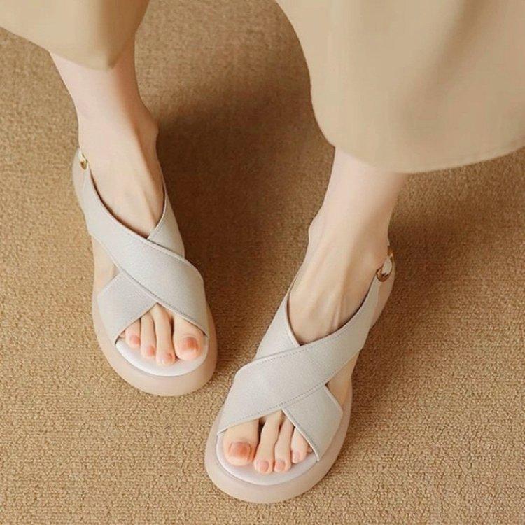 French Soft Leather Cross with Open-toed Sandals Women's 2025 Summer New Casual Comfortable Versatile Platform Roman Shoes Women