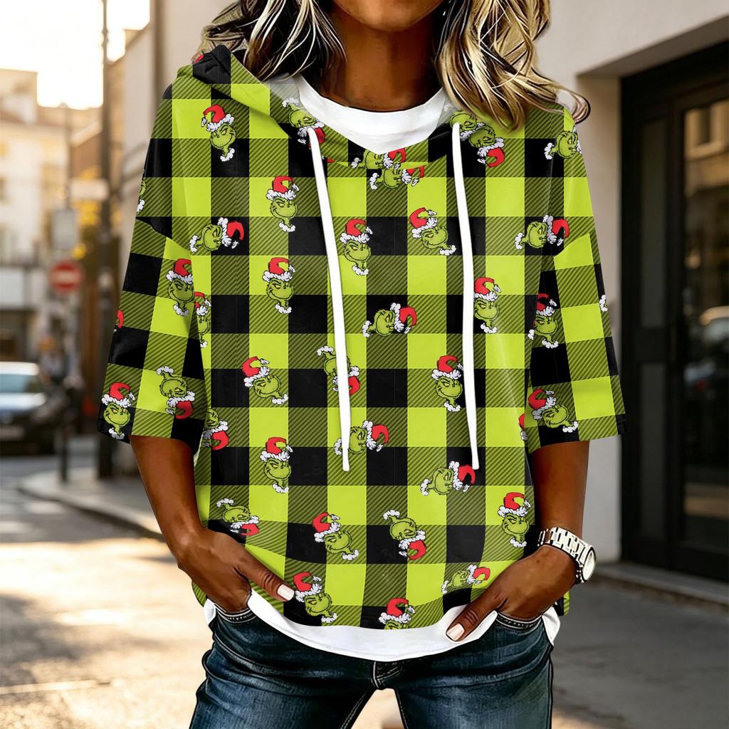 Women's Casual 3/4 Sleeve Hooded Christmas Print Top Festive Pullover T-Shirt for Holiday Outfits