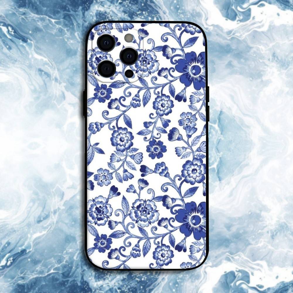 Blue white Porcelain Pattern Phone Case For iPhone17,16,15,14,13,12,11 Plus,Pro Max, Soft Silicone Black Cover