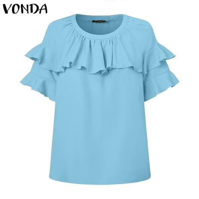Summer Women O-neck Short Sleeve Ruffled Soild Color Blouse