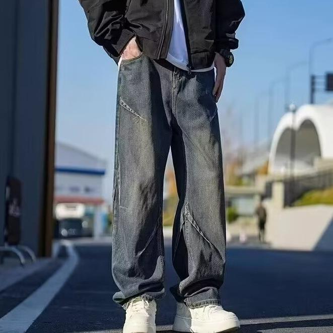 JYL Men's Wide-Leg Jeans Autumn Vibe High-Street Elastic Waist Loose Straight Denim