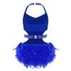 Girls Latin Dance Costume Sparkly Rhinestones Halter Leotard with Feather Skirt for Performance