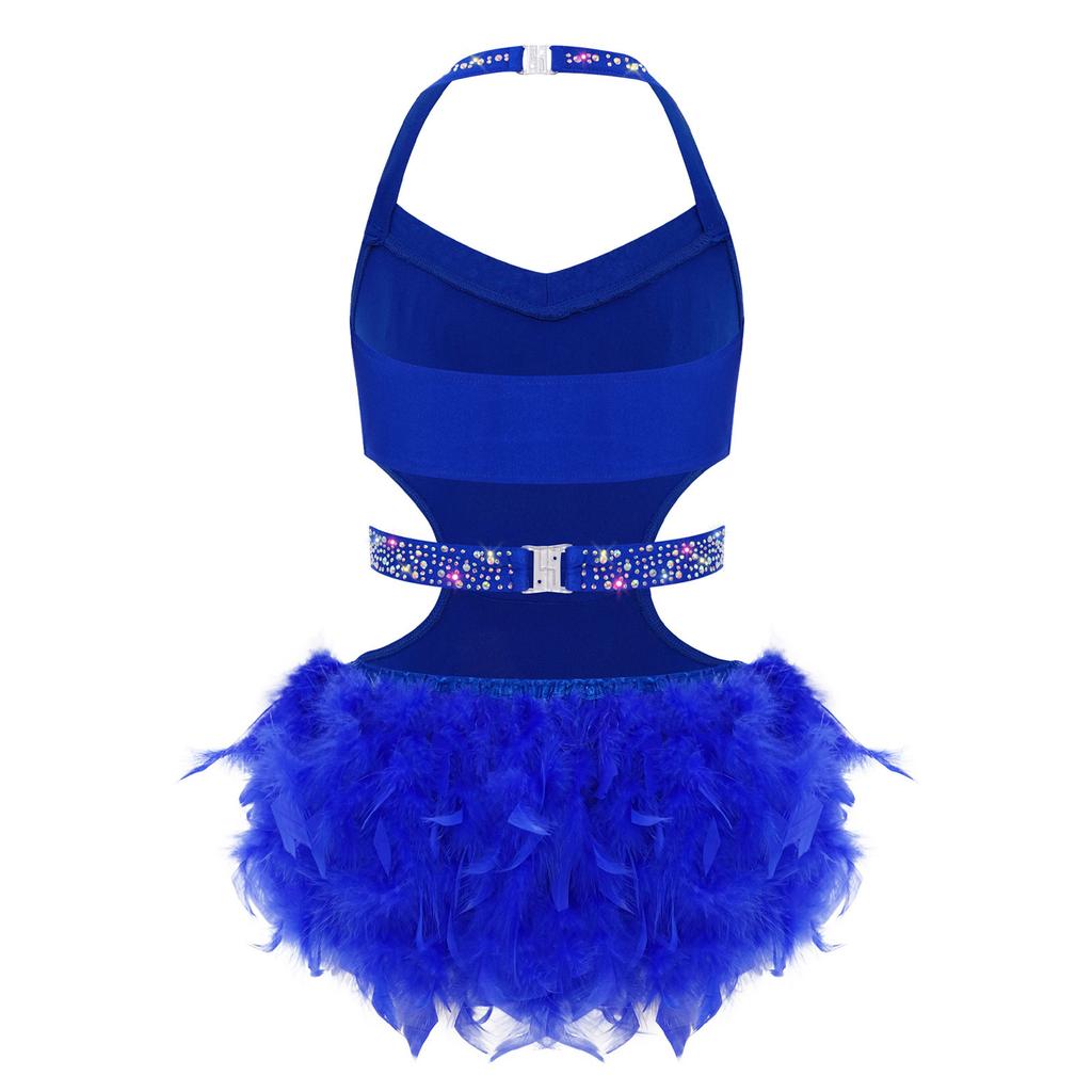 Girls Latin Dance Costume Sparkly Rhinestones Halter Leotard with Feather Skirt for Performance