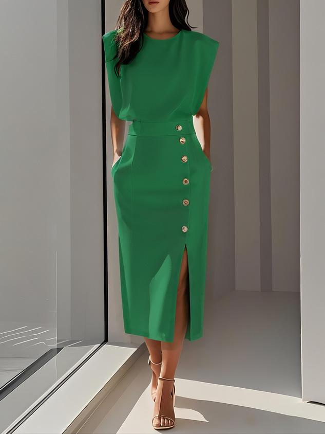 Cross-border Europe, America and  Amazon Fashion Apricot Round Neck Waist Split Button Summer Dress Women