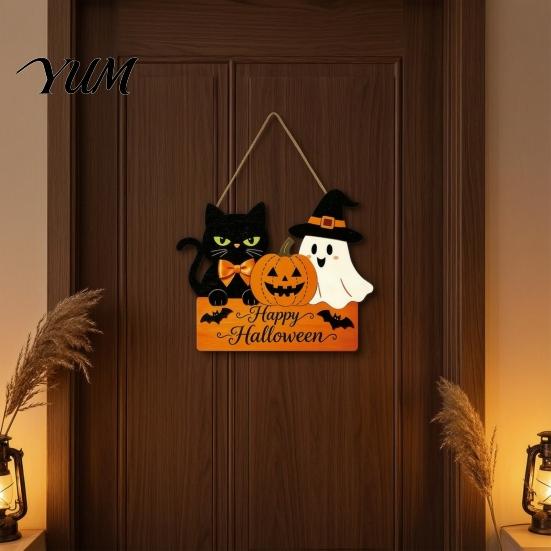 Festive Hanging Decoration for Friends Halloween Door Sign with Hemp Rope Lanyard, Pumpkin Ghost Printed Seasonal Store Window Display Plaque, Wooden