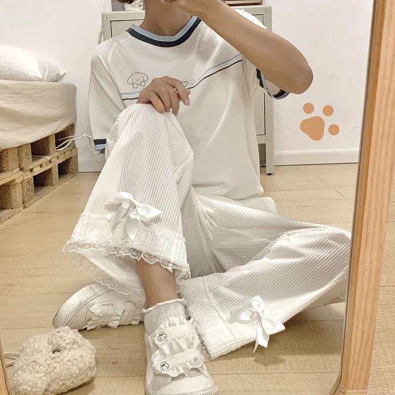 Kobiety Kawaii wysokiej talii sztruksowe spodnie urocza kokardka koronkowe spodnie szerokie nogawki dziewczęce ubrania w stylu Vintage luźne słodkie spodnie