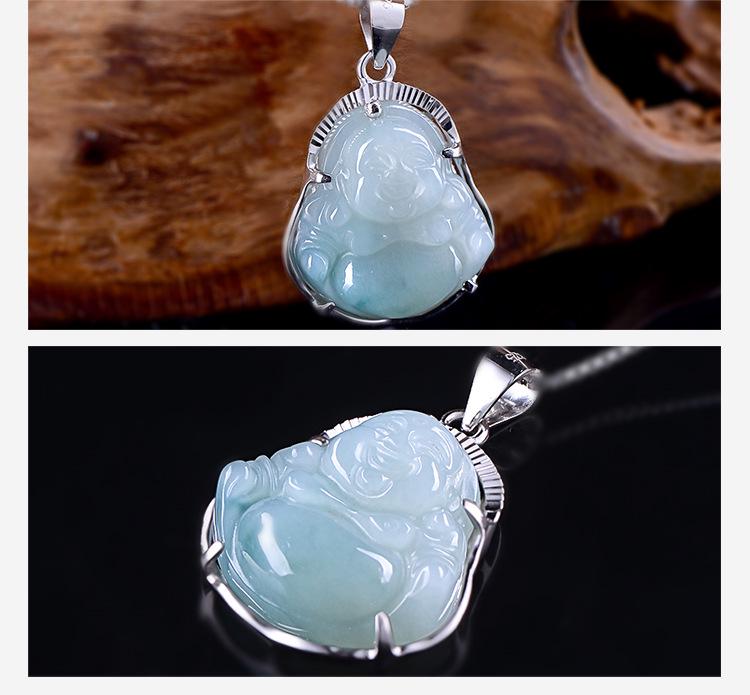 S925 Sterling Silver Jadeite Maitreya Buddha Pendant Necklace - Smiling Face Jade Buddha