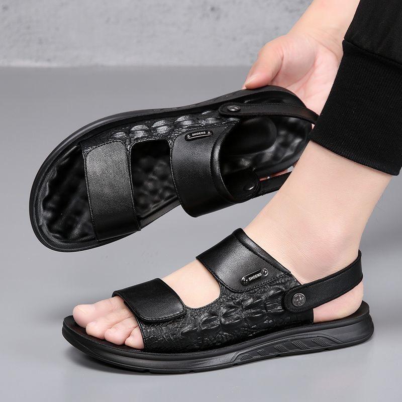 2024 Summer Genuine Leather Shoes Men Sandals Flat Non-slip Soft Holiday Mens Sandals Thick Sole Male Footwear Pure Black D074