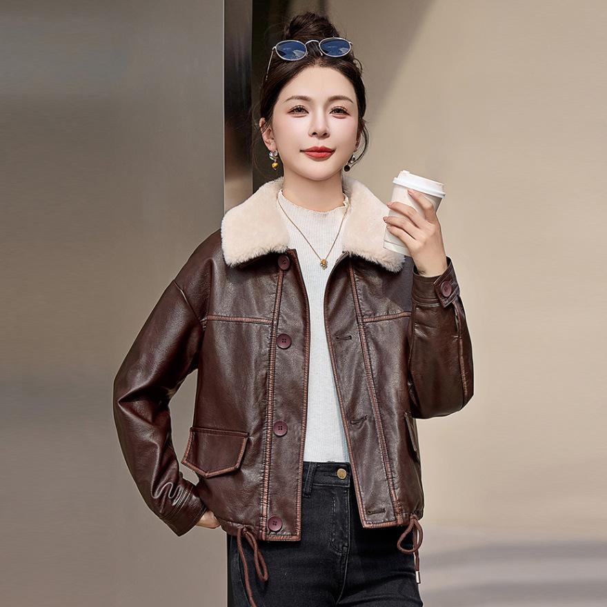 Fashion cotton thickened leather jacket short jacket women's autumn and winter motorcycle jacket top