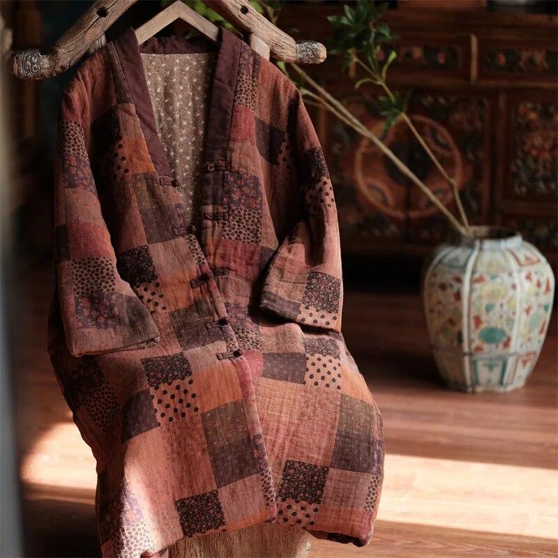 Johnature Dámské Vintage zimní parky s výstřihem do V bavlněné kabáty s dlouhým rukávem v čínském stylu dámské dlouhé parky