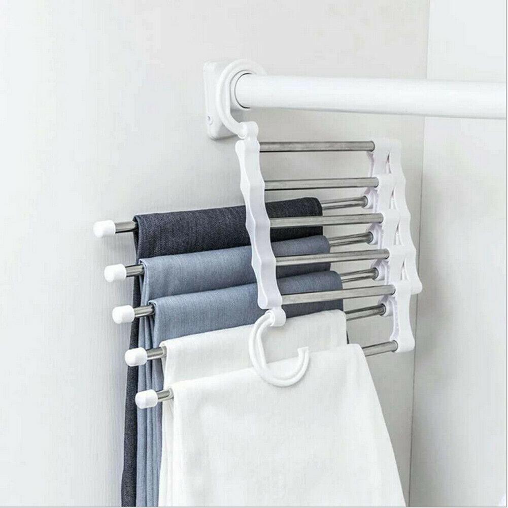 5 In 1 Multifunction Pant Rack Towel Shelves Closet Organizer Stainless Steel Wardrobe Adjustable Magic Trouser Hangers