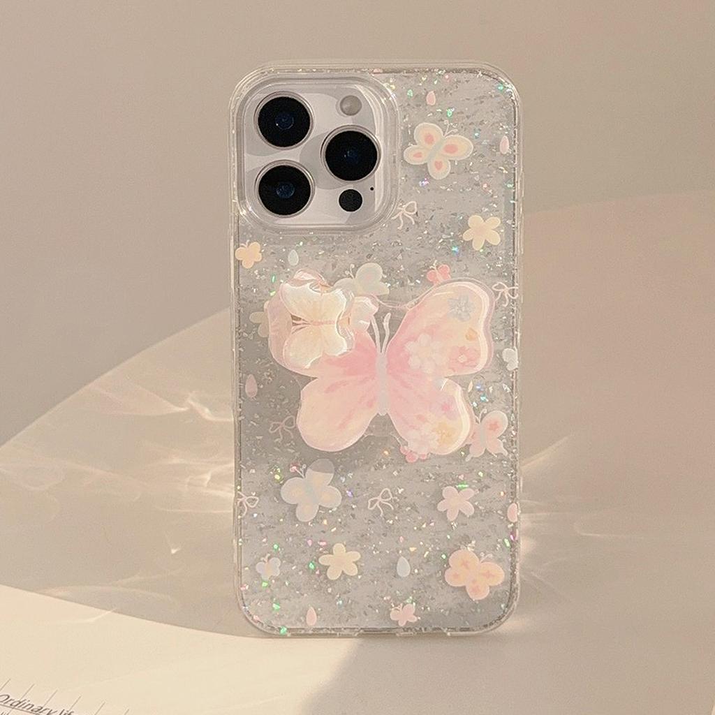 Suitable for Spring and Summer Apple 17pro Max Mobile Phone Case 16 Glitter Powder Iphone14 Butterfly Rotating Bracket 13 Hard