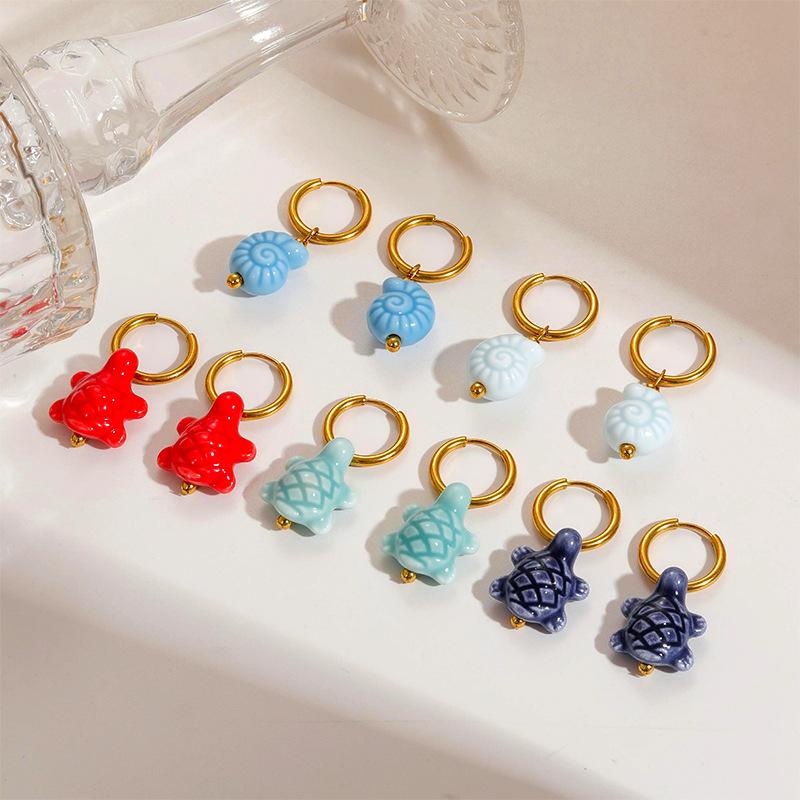 Ceramic Dopamine Fish Starfish Earrings For Women Colorful Vibrant Pendant Youthful Stainless Steel Jewelry Gift