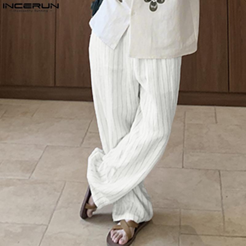 INCERUN Men Zip-up Waist Striped Casual Long Trousers Pants