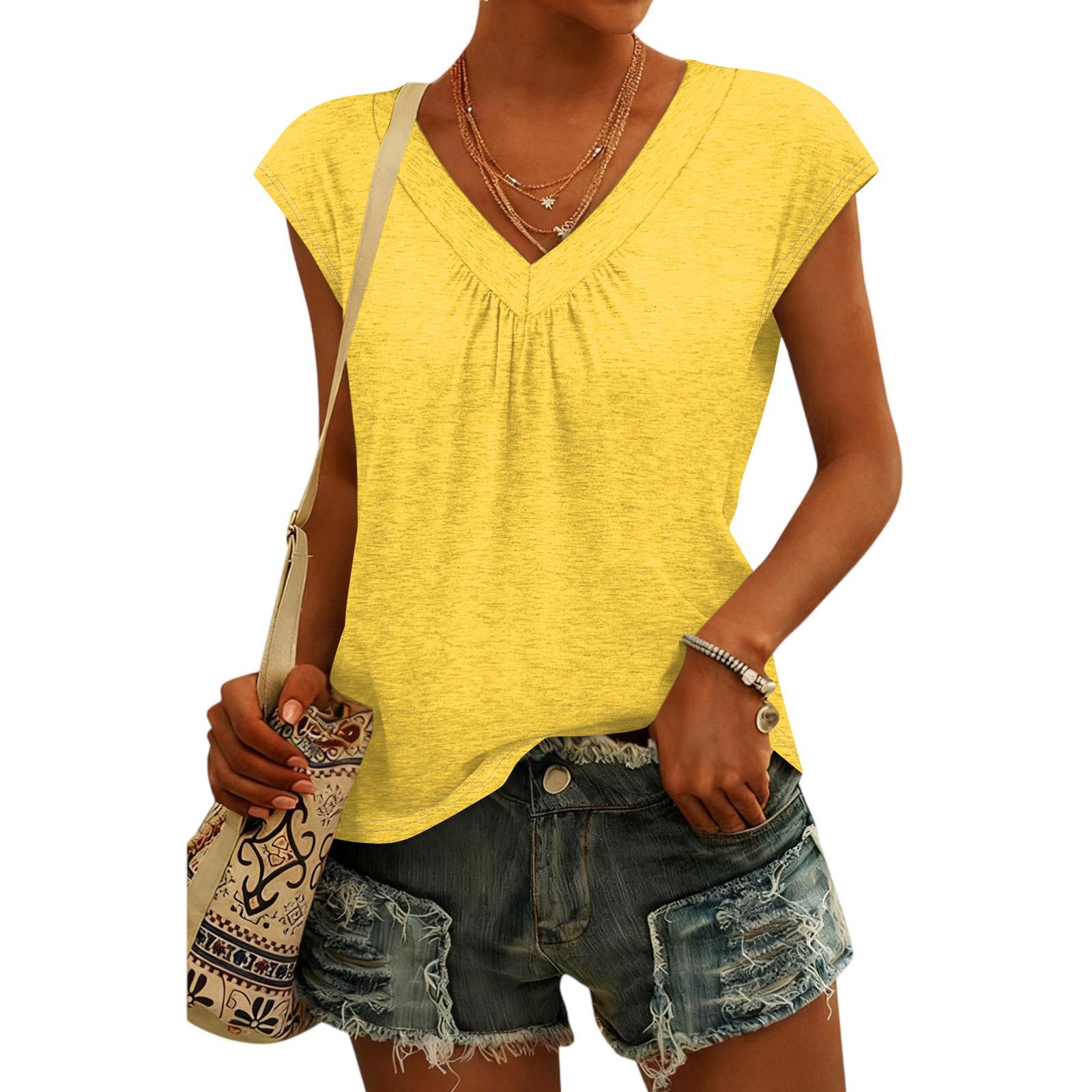 

Women s Fashion V-neck Short Sleeve Top L жовтий