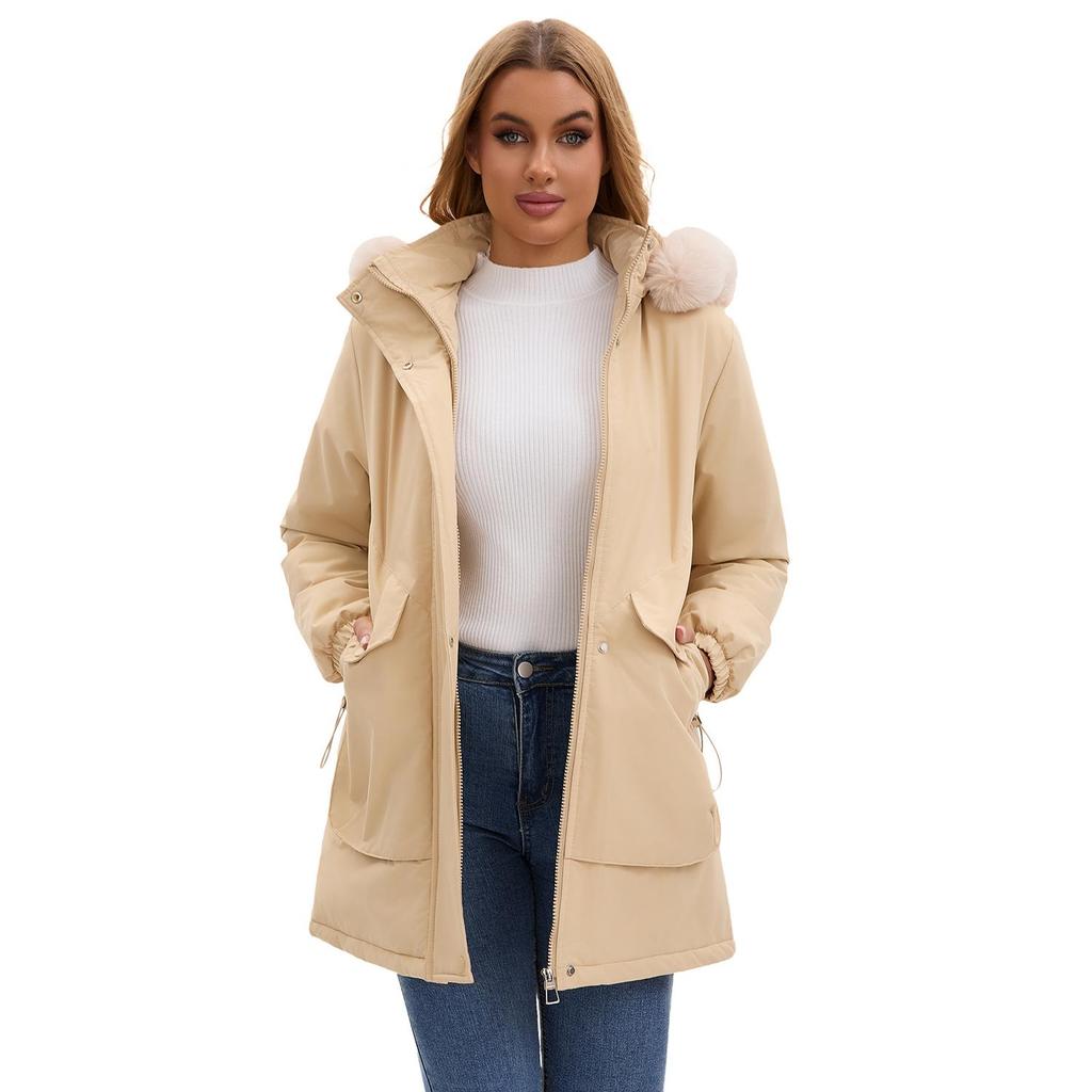 Women’s Parka Coats Faux Fur Hooded Fleece Lining Zipper Warm Cotton Jackets Mid-length Puff Outerwear Winter Clothes