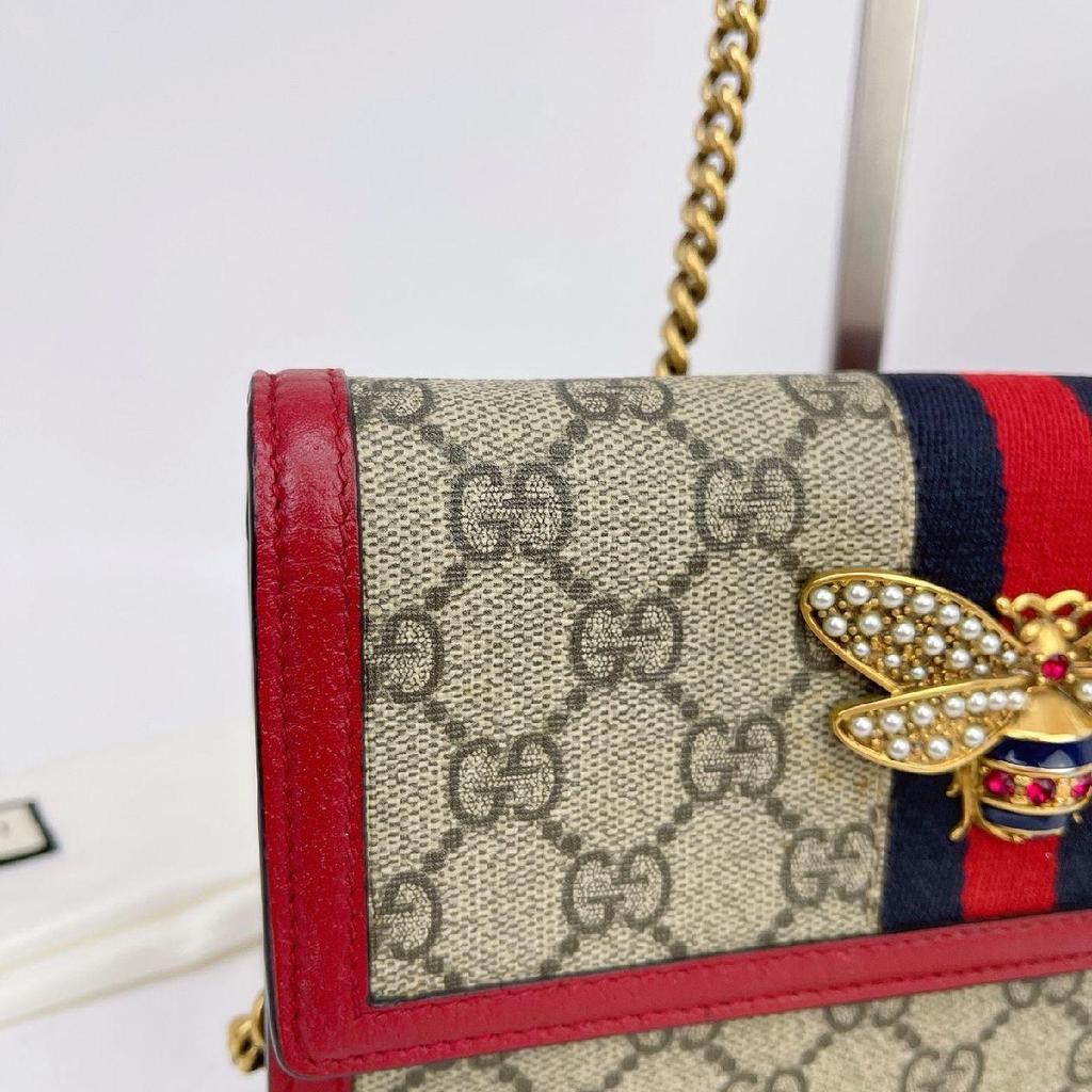 [Pre-Owned] Queen Margaret Metal Bee Decorated Logo Stripe Canvas And Leather Mini Shoulder Bag - Very Good #1W64IZ5
