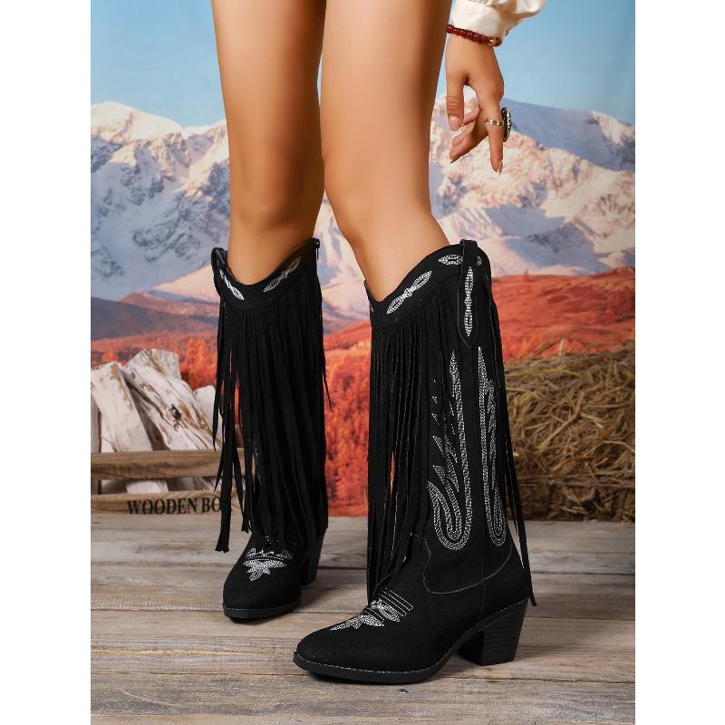 Embroidered Big Yard Pointed Toe High Heel Tassel Boots Women's 2025 Winter New Ethnic Style Thick-heeled Knight Boots